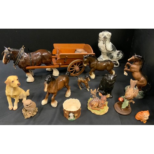 91 - A Beswick model Rearing Horse, No 1014, brown gloss; others Shire horse with cart, foals, Staffordsh... 