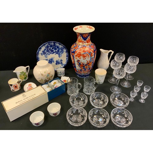 105 - Cut glass wine glasses;  sundae dishes;  a large Japanese Imari vase;  a Victorian Cobridge relief m... 