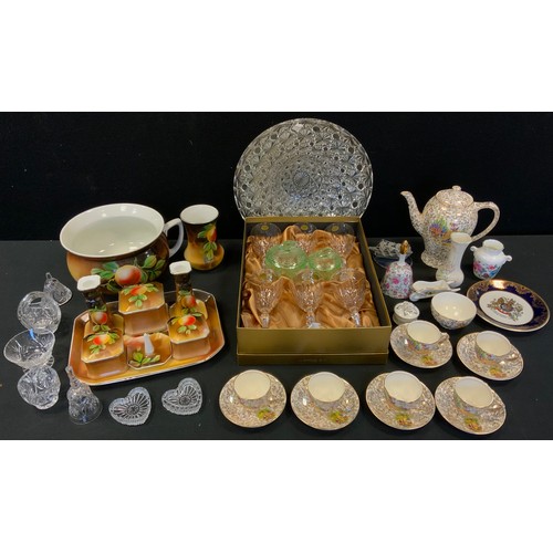 119 - Newhall dressing table set;  a chamber pot;  Capri glasses;  Empire Crinoline Lady coffee service