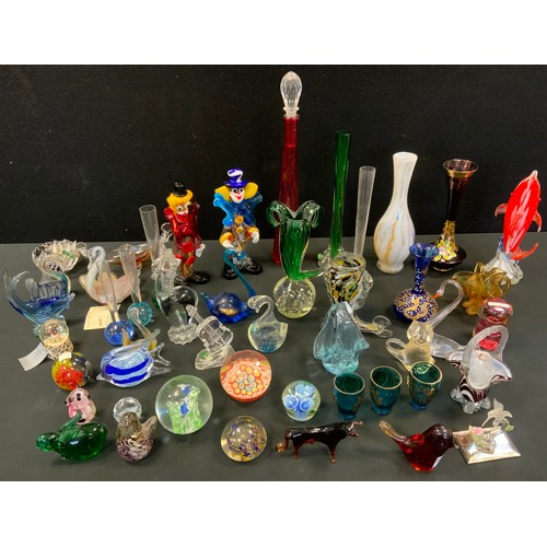 133 - Coloured glassware;  Murano clowns;  glass animal paperweights;  vases;  etc