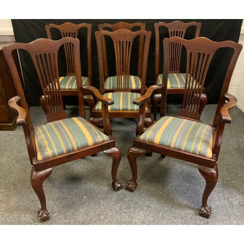 156 - A set of six mahogany dining chairs, comprised of four chairs and two carvers, wheat sheaf splat bac... 