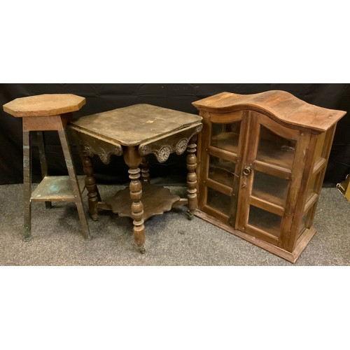 169 - A late Victorina  square side table, drop sides, 62cm high, 52cm wide;  a copper topped hexagonal si... 