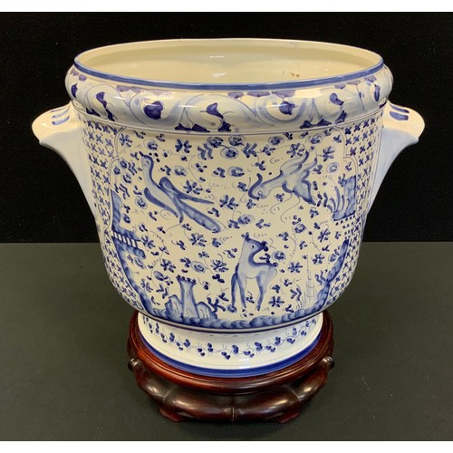 201 - A modern Portuguese blue and white jardiniere on stand