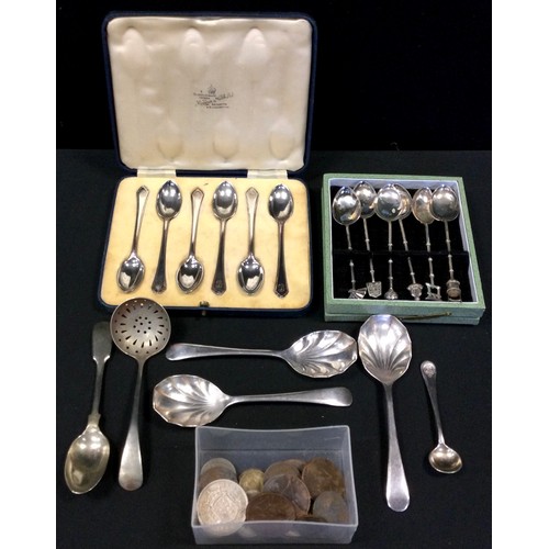 233 - A set of six silver teaspoons, cased;  a set of six silver coloured metal teaspoons;  others plated;... 