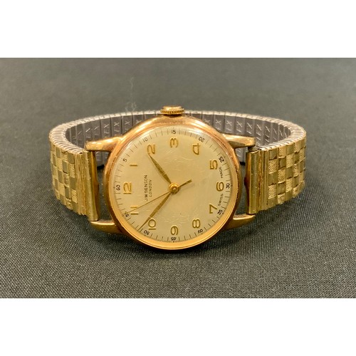 255 - A J W Benson 9ct gold cased wristwatch, silvered dial, raised Arabic numerals, minute track, center ... 