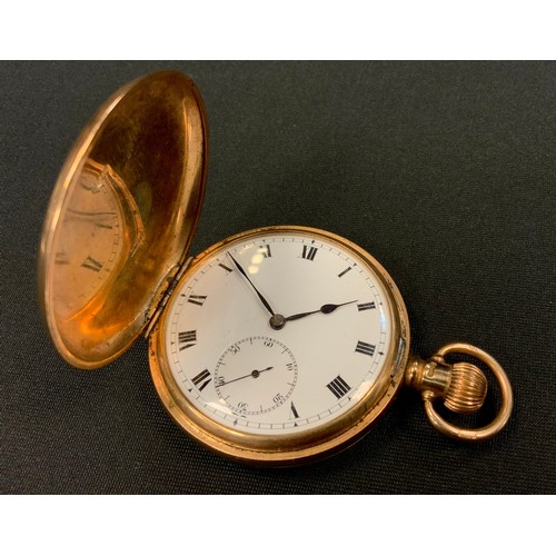 256 - A George V 9ct gold hunter cased pocket watch, white dial, bold Roman numerals, minute track, subsid... 