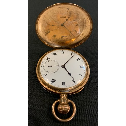 256 - A George V 9ct gold hunter cased pocket watch, white dial, bold Roman numerals, minute track, subsid... 