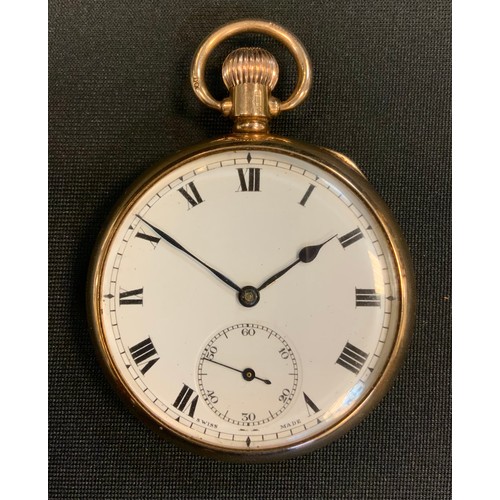 257 - A George V 9ct gold open face pocket watch, white enamel dial, bold Roman numerals, subsidiary secon... 