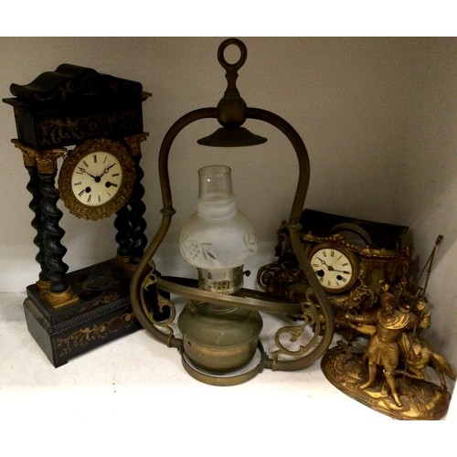 58 - A Victorian Portico ebonised clock, c.1860;  a gilt metal mantel clock, c.1880;  a hall light (3)