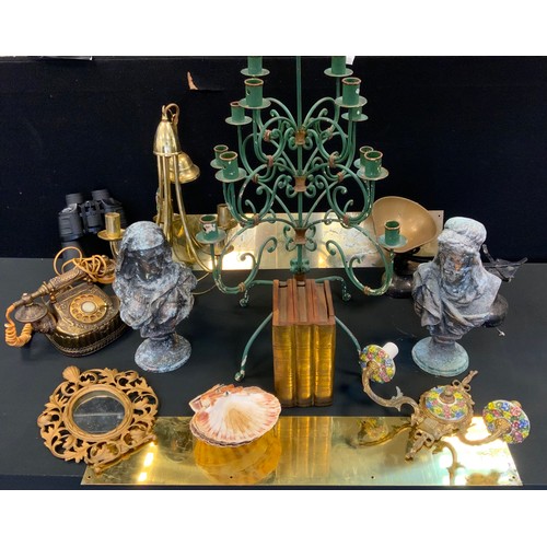 75 - A set of kitchen scales;  gilt metal oval mirror;  12 x 60 binoculars;  ornate telephone;   side lig... 