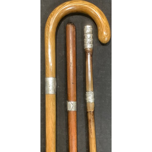 482 - Walking Sticks - a Victorian silver mounted walking cane, Birmingham 1899; others similar (3)