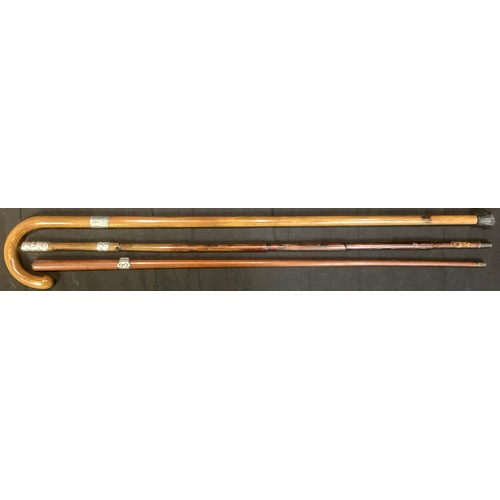 482 - Walking Sticks - a Victorian silver mounted walking cane, Birmingham 1899; others similar (3)