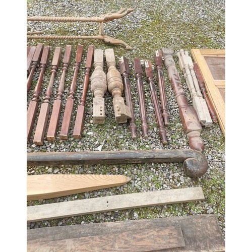 335 - Architectural salvage - an 18th/19th century beam; sections of balustrade, railings and paneling (qt... 