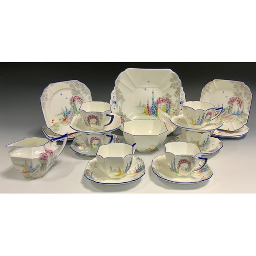 75 - A Shelley Queen Anne Blue Iris pattern tea service, for six, comprising cups, saucers, side plates, ... 