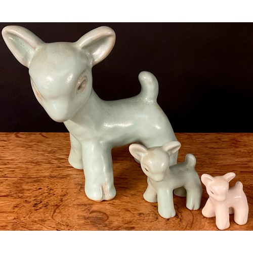 83 - A large Bourne Denby Danesby Ware lamb, in pale pastel green, 16.5cm high, c.1930; others, smaller, ... 