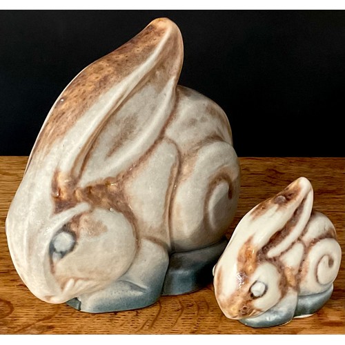 87 - A Langley Mill Oakes period stoneware stylised rabbit, in tones of blue and tan, 15cm high; another ... 