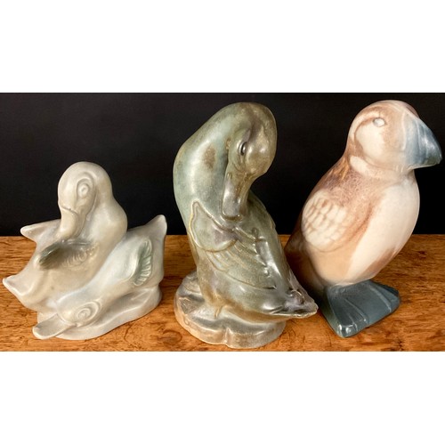 90 - A Langley Mill Oakes period stoneware duck, coloured in mottled green, 21.5cm high, c.1938; another ... 