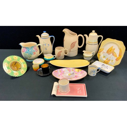 97 - Decorative Ceramics - a Susie Cooper cocktails design coffee can and saucer;  Grays pottery feathers... 