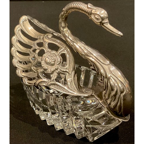 95 - A continental silver and cut glass salt in the form of a swan, marked 835