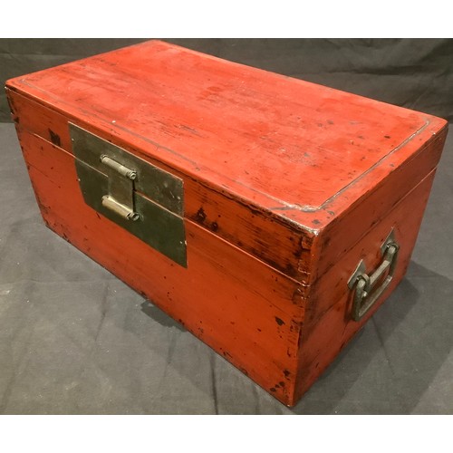 80 - A Japanese red lacquered rectangular box and cover, bronzed metal drop handles, 43cm wide