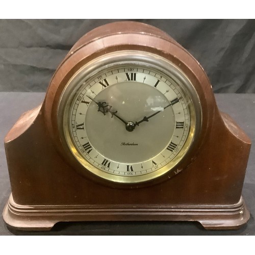 174 - An oak Westminster chime mantel clock, 40cm wide; two other smaller mantel clocks (3)