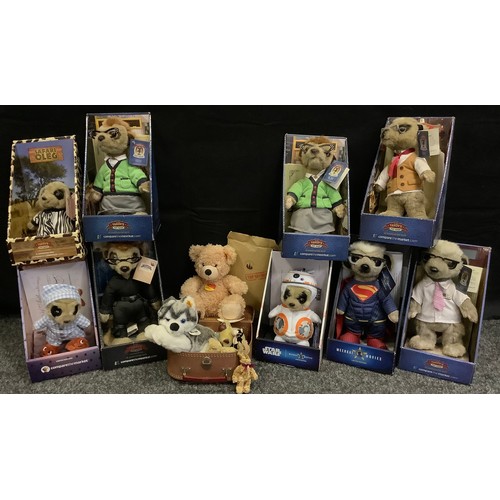 324 - A Steiff Bernie puppy, yellow ear tag;  another Bear with case box;  Compare the Meercat figures, Ya... 