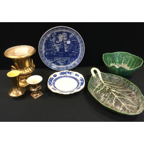 340 - Ceramics  - Commemorative Bells whisky bottles;  Portuguese cabbage leaf dishes;  Royal Winton gilt ... 