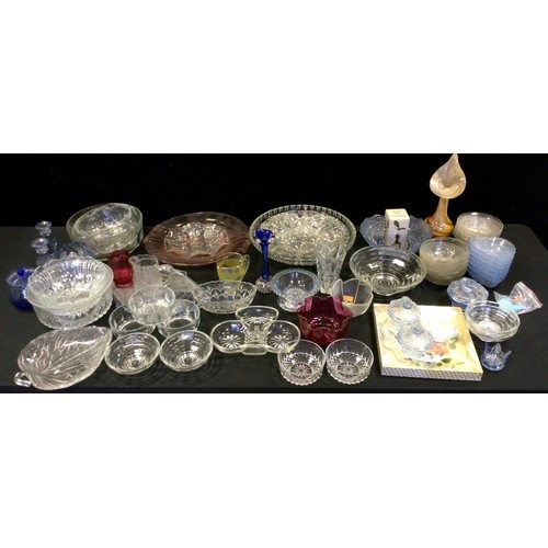 343 - A mid 20th century blue tinted glass salad set, leaf heart bowls;  others clear;  sundae dishes, bow... 