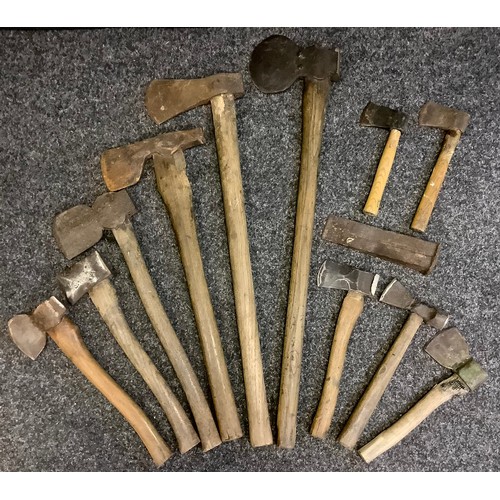 347 - Tools - a long handle axe, others logging axe, hatchets, splitting wedge etc