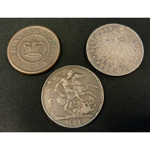 360 - Coins - a Victorian silver crown 1896;  1904 Prussian German Empire five Reich mark piece;  a Birmin... 