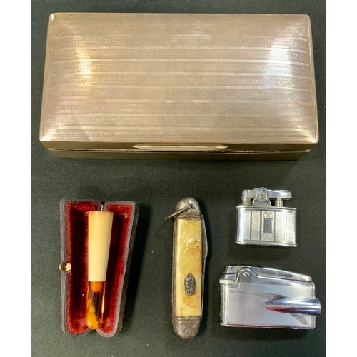 374 - An Edwardian silver cigarette box, slight domed engine turned stripped viewing, marks rubbed c.1910;... 