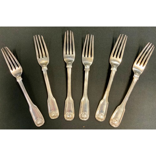 376 - A set of six Victorian silver fiddle and thread pattern table forks, London 1844, 10.2oz (6)