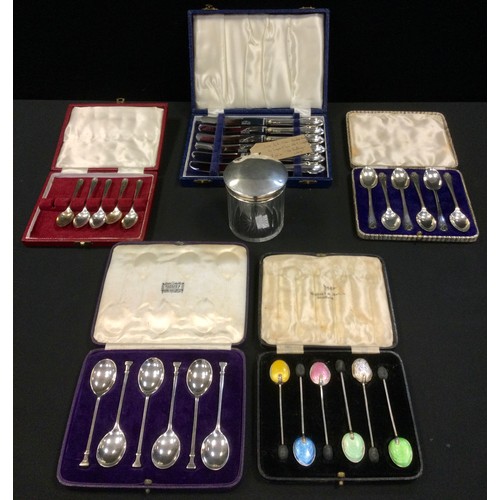 383 - A set of six silver enamelled coffee bean spoons, Walker & Hall, Sheffield 1913; six Harrods spoons;... 