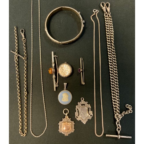 386 - Silver Jewellery - a graduated link double albert chain, two shield medals;  brooches, hinge bangle ... 