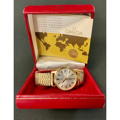 398 - Omega - a 1970s Geneve gold plated wristwatch, brushed silver dial, block baton markers, date apertu... 