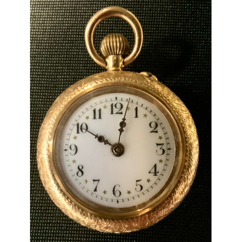 399 - A lady's 14ct gold cased fob watch, floral shield back, Arabic numerals, button wind case, stamped 1... 