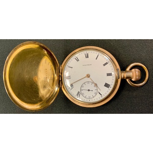 400 - A gold plated Waltham full hunter cased pocket watch, white enamel dial, Arabic numerals, subsidiary... 