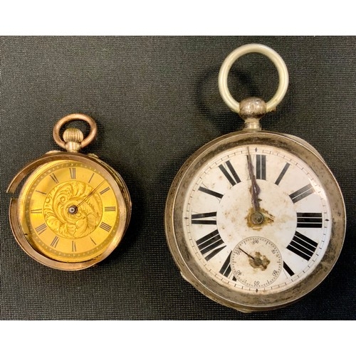 401 - A 9ct gold cased open face pocket watch, 30.3g gross;  a continental 935 silver openface pocketwatch... 