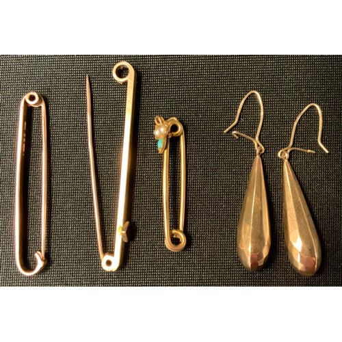 406 - A 9ct gold seed pearl and turquoise bar brooch;  others;  pair of 9ct gold drop earrings, 8.5g gross