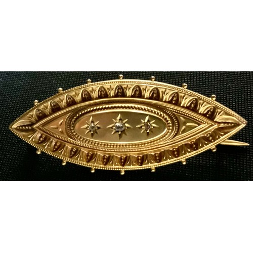 407 - A late Victorian diamond inset navette mourning brooch, set with three rose cut diamond accents, ova... 