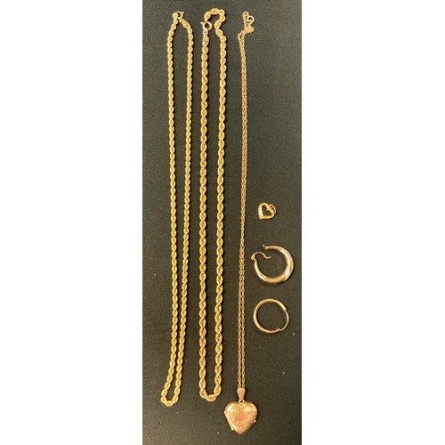 419 - A 9ct gold rope twist necklace, another;  heart locket pendant, 9ct gold chain;  earring etc, 10.4g ... 