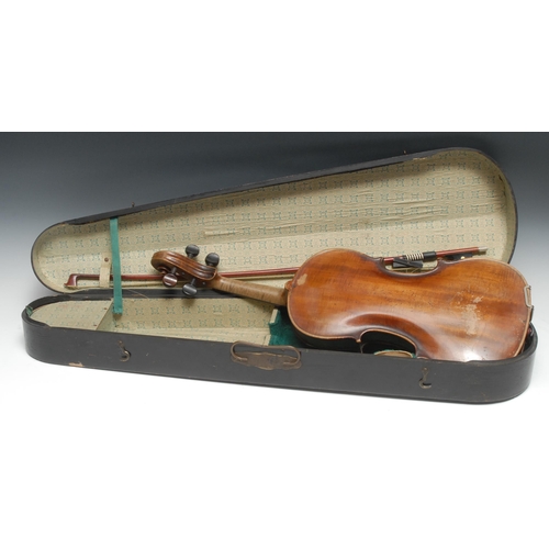 187 - A 19th century violin, the two-piece back 36cm long excluding button, outlined throughout with purfl... 