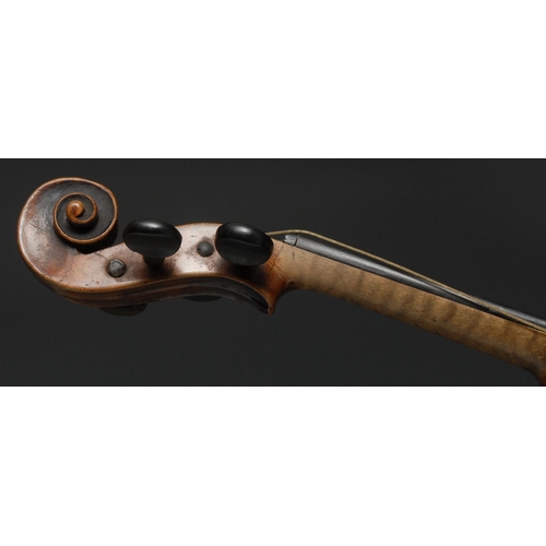 187 - A 19th century violin, the two-piece back 36cm long excluding button, outlined throughout with purfl... 