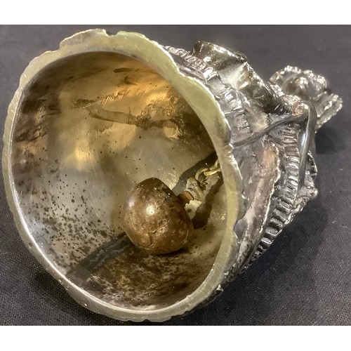 282 - An unusual 19th century silver plated figural table bell, cast as a lady with a nodding head, 11cm h... 