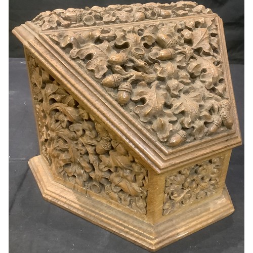 343 - Boxes and Objects - a carved oak desk letter box, with hinged cover, carved with acorns and leaves