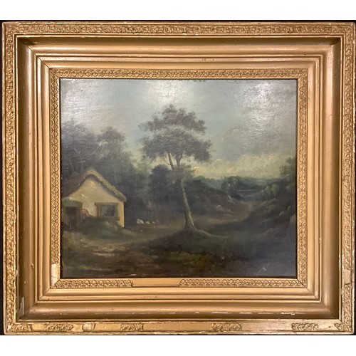 344 - English School (18th century)  
Country Scene with Cottage  
oil on board, 30.5cm x 36cm