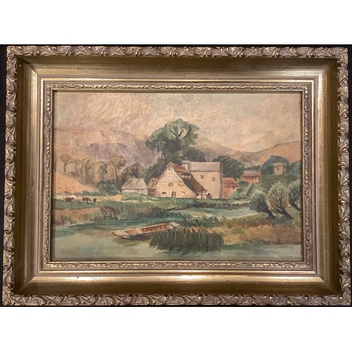 345 - Syd Gardner  
a set of three, Cottage Scene, River Scene and Sheep Grazing  
signed, oils, the large... 