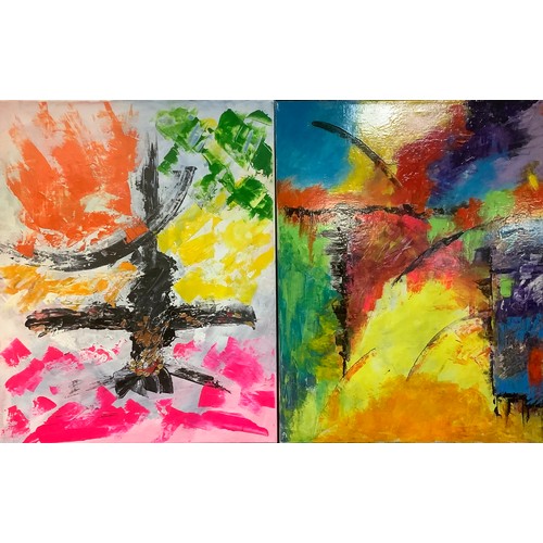 351 - Interior Design - contemporary art, a pair of acrylic abstract designs on canvas, 77cm x 61cm; three... 