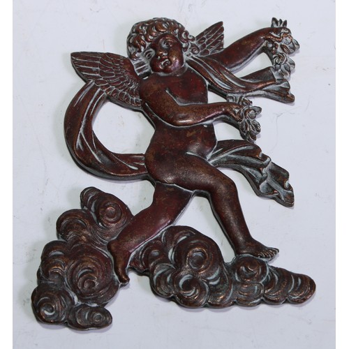 197 - A 19th century brown patinated bronze applique, cast as putti crowning a cartouche with laurel, 15cm... 