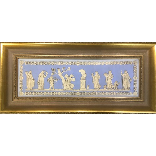 387 - A pair reproduction of Wedgwood style Jasperware wall plaques, sprigged with classical figures, 13.5... 